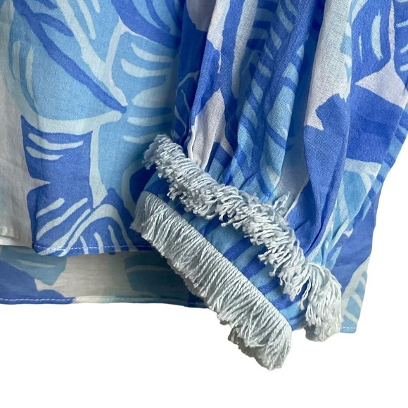 NWT STS Sail to Sable Palm Print Blue White Long Sleeve Top Sz S Tassel Neck Tie - Picture 6 of 9